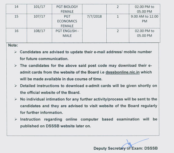 DSSSB PGT Exam Date