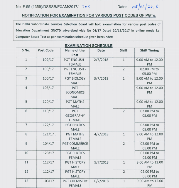 Dsssb PGT Exam Date 2018