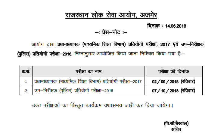 RPSC Headmaster Exam Date 2018