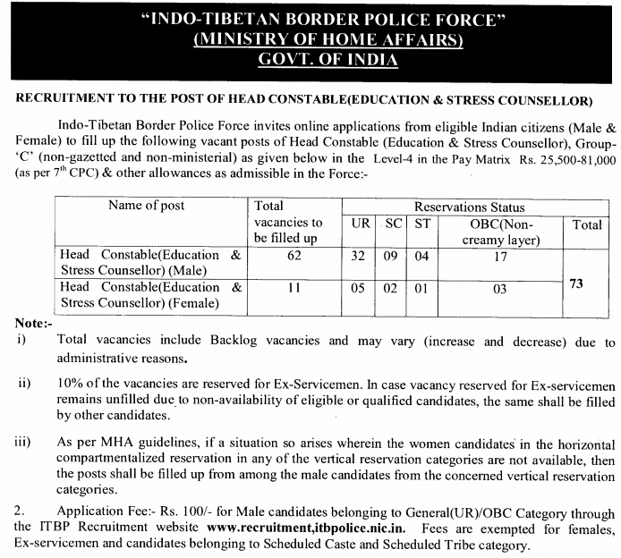 ITBP Head Constable Recruitment 2018 Apply Online Registration for Education & Stress Counsellor