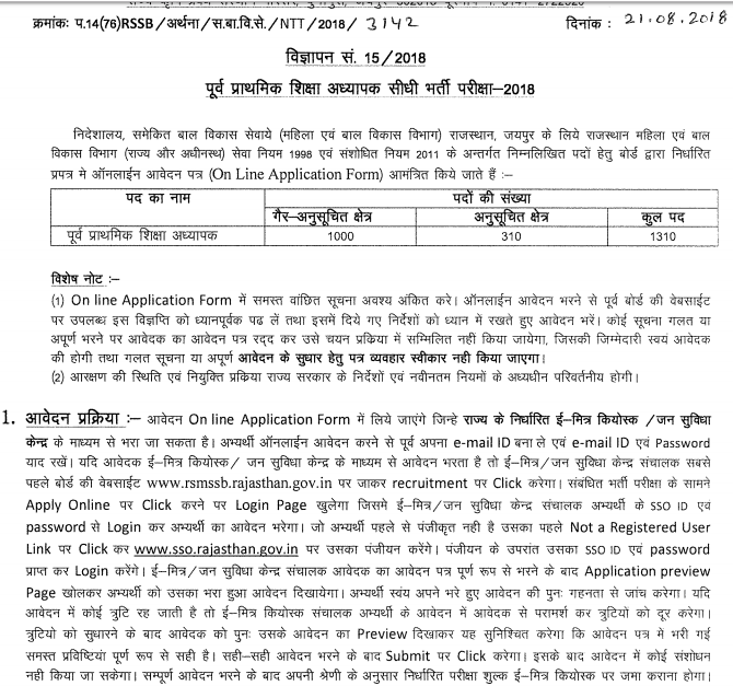 RSMSSB 1310 NTT Teacher Recruitment 2018 Apply Online Form for Nursery Training Teacher