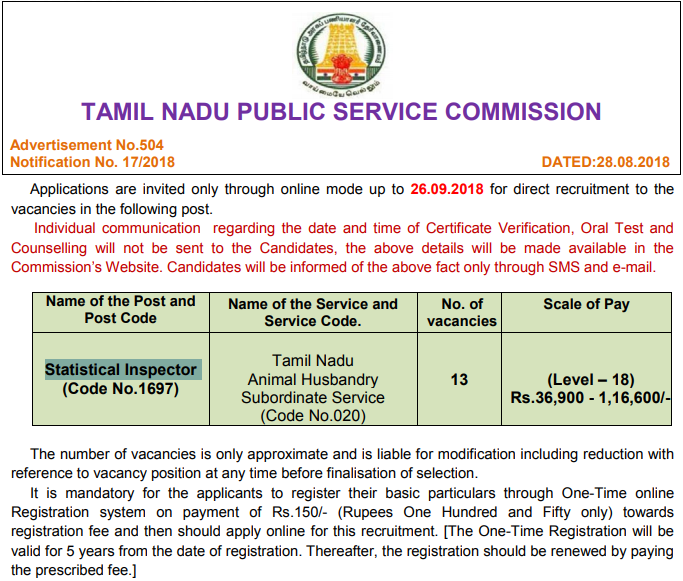 TNPSC Statistical Inspector Hall Ticket 2018 Statistical Inspector Admit Card