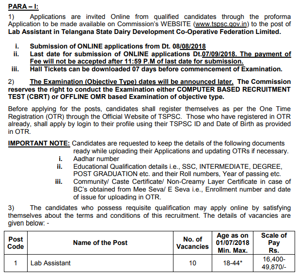 TSPSC Lab Assistant Hall Ticket 2018 ఇక్కడ చూడండి TS Lab Asst. Exam Date, Admit Card